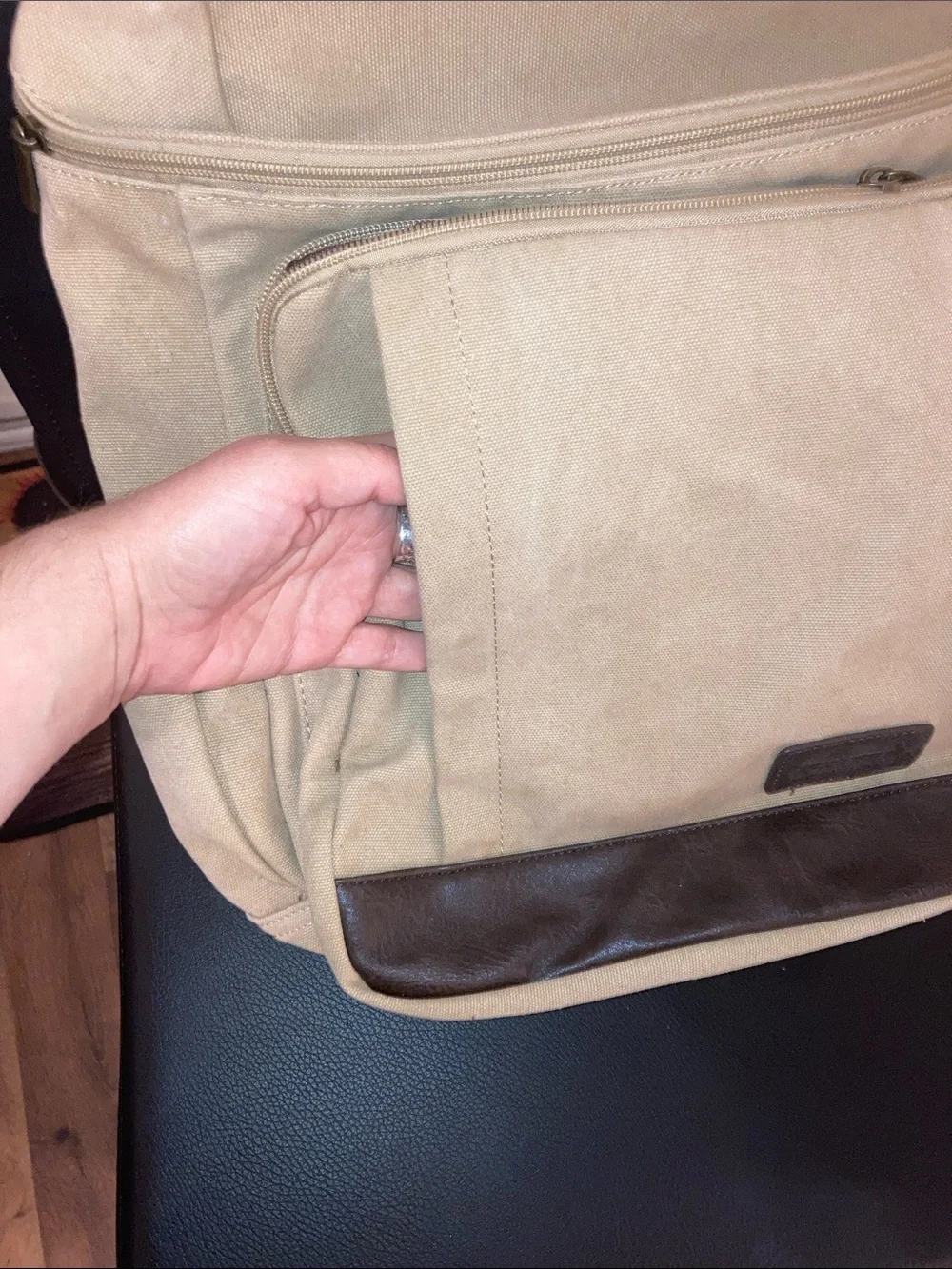 Portage Unisex Beige Canvas Backpack with Brown Trim